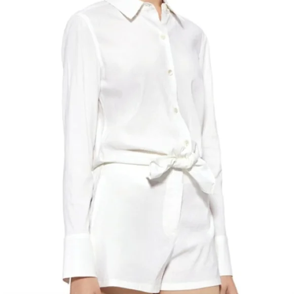 Theory Textured Linen Ranay Cut Out | White Shirt Minimalist Romper Sz 10 - Picture 11 of 11